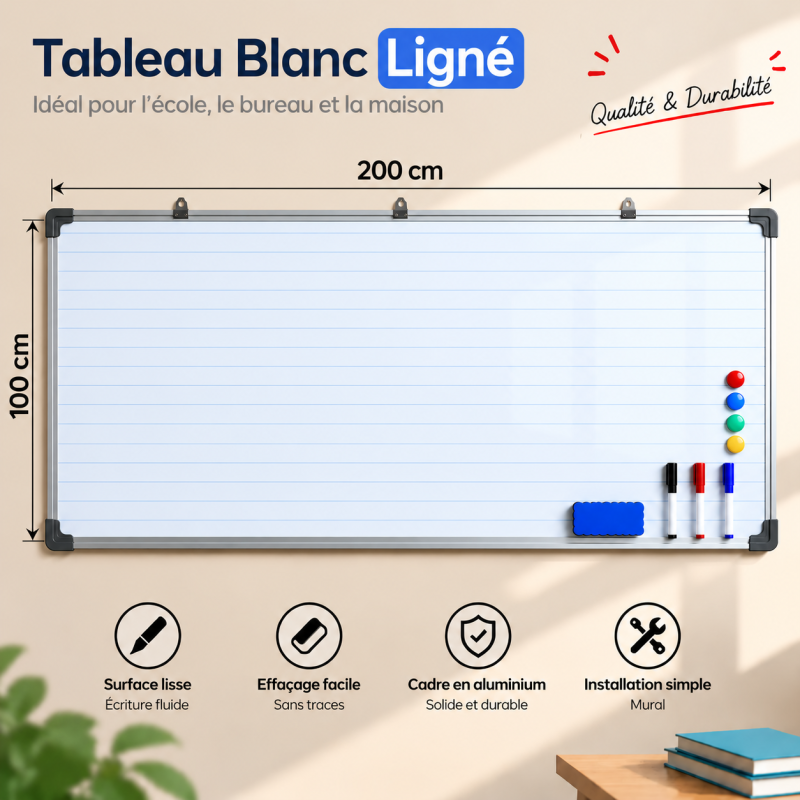 Tableau blanc ligné 200 × 100 cm