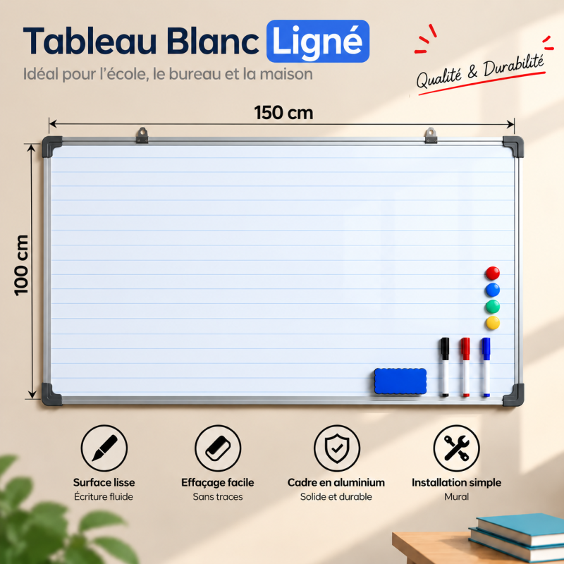 Tableau blanc ligné, qualité durable